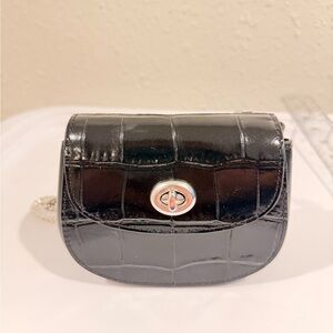 Black Croc-Embossed Leather Crossbody Bag with Chain Strap